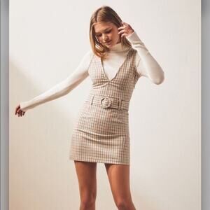 LOTTIE MOSS tan plaid belted academia mini vneck dress size Small
